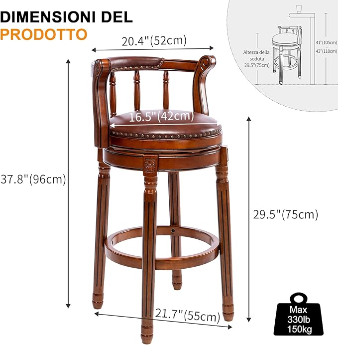 Cow top Leather Wooden Bar Stools, 360 Degree Swivel Bar Height Chair - Image 3