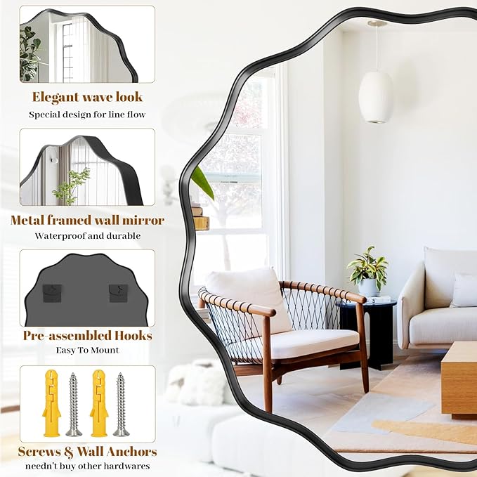 Round Wavy Mirror, 20 Inch Metal Frame Circle Mirror, Round Wall Mounted - Image 4