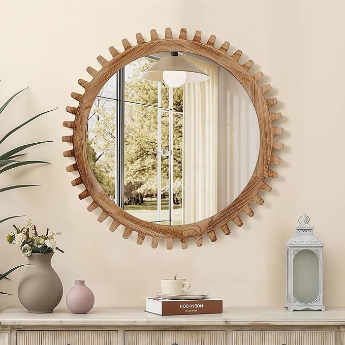 ULIKE Round Wood Mirror, 30 Inch Rustic Farmhouse Circle Mirror - Image 4