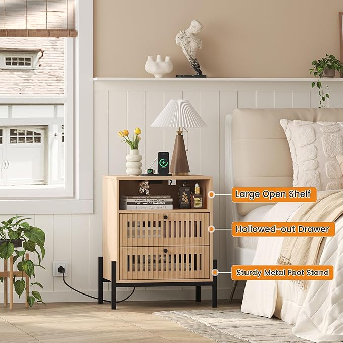 Vabches Nightstand with Charging Station and USB Ports, Industrial Style Fluted - Image 5