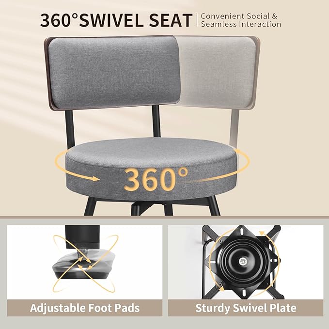 Counter Height Bar Stools, Round Swivel Bar Chair, Fabric Upholstered Barstools - Image 4