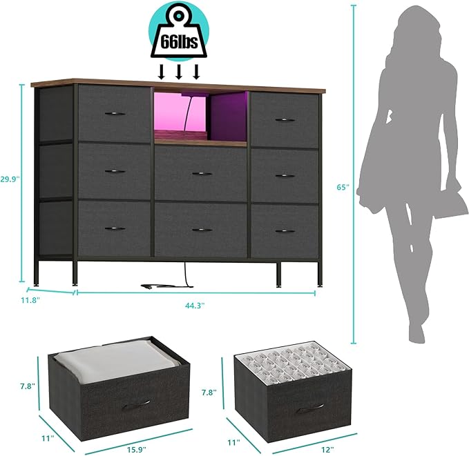 Black Dresser with LED Lights & Power Outlets, Dresser TV Stand with 8 Drawers - Image 2