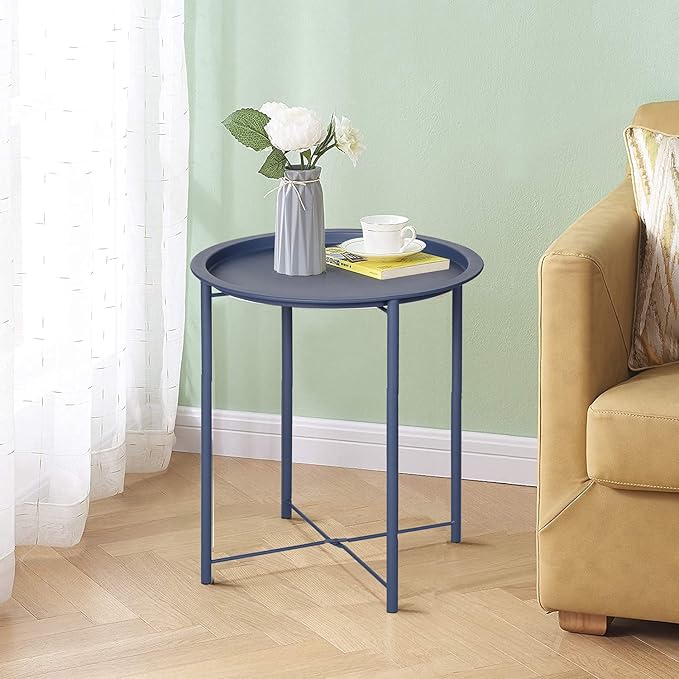 VECELO Side/End Table, Folding Round Metal Anti-Rust and Waterproof Outdoor or - Image 2