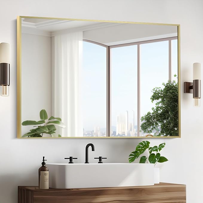 Gold Bathroom Mirror, Brushed Gold Mirror, Metal Frame Square Corner Vanity - Image 2