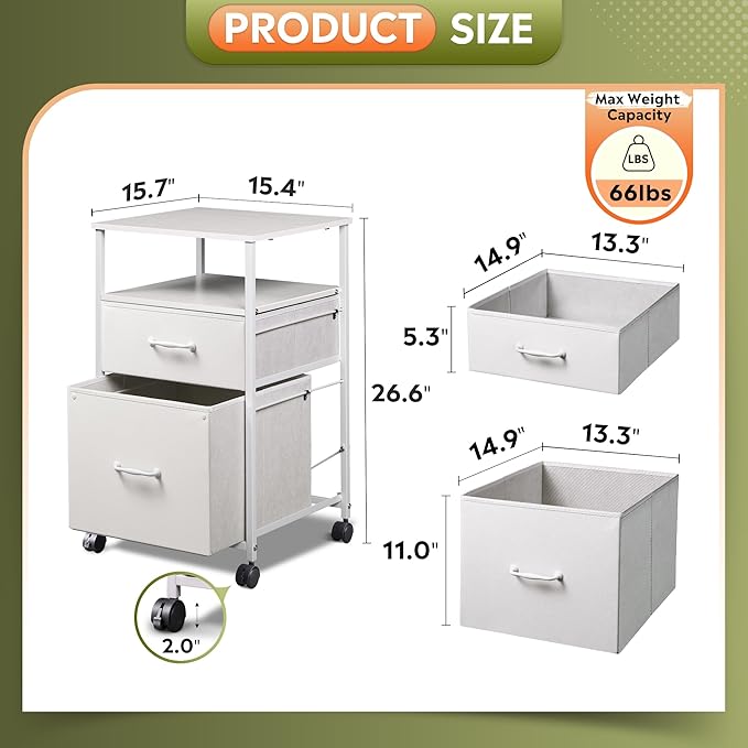 DEVAISE 2 Drawer Fabric Vertical Filing Cabinet, Rolling Printer Stand - Image 3