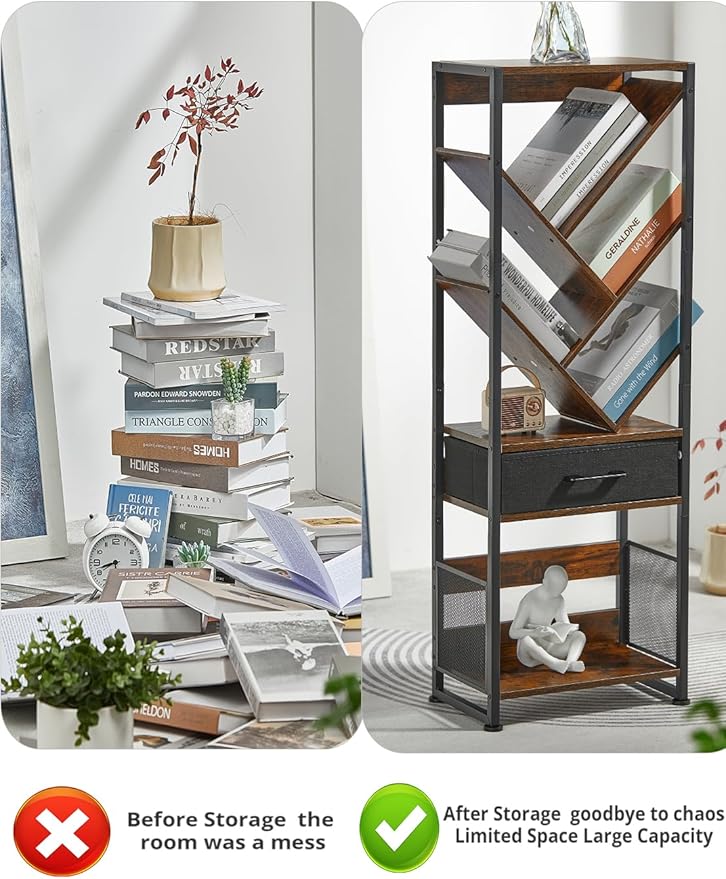 Bookshelf with Drawer, 8 Tier Tree Bookcase Retro Floor Standing Bookshelves - Image 5