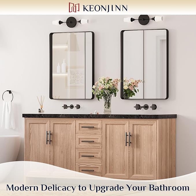 Keonjinn Black Bathroom Mirror, 22 x 30 Inch Rounded Rectangle Matte Black - Image 2