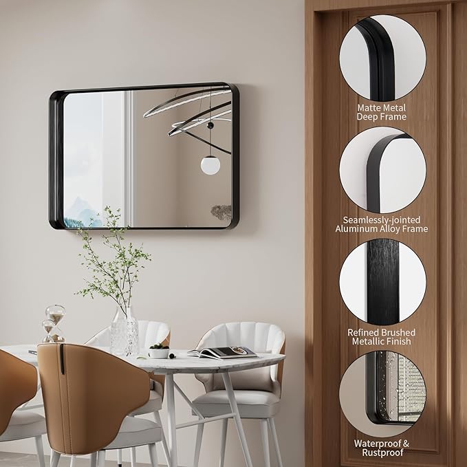 Koonmi Black Wall Mirror for Bathroom, 24x36 Inch Matte Deep Framed Rounded - Image 3