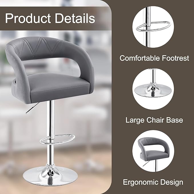 VECELO Bar Stools Set of 2 Adjustable Swivel Modern Pu Leather Barstools - Image 6