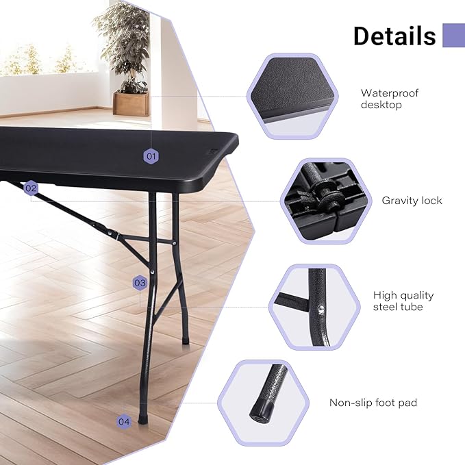 Folding Table 6ft Portable Heavy Duty Plastic Fold-in-Half 6 Foot Foldable - Image 4