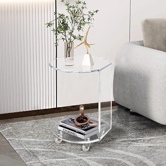 ONELUX C-Shaped Round Acrylic Side Sofa Table on Wheels - Image 4