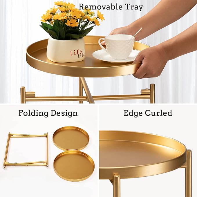 TeoKJ 2 Tier Gold Side Table, Folding Round Metal End Table Small Nightstand - Image 7