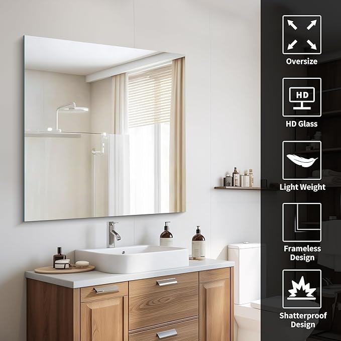 Frameless Mirror, 39x39 inch Square Bathroom Mirrors - Image 3