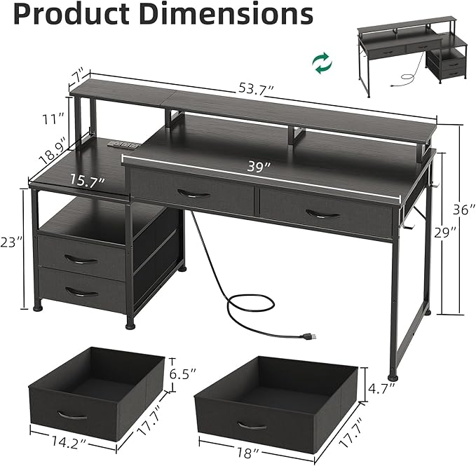 53" Computer Desk with 4 Drawers & Power Outlets, Reversible Home Office Desk - Image 3