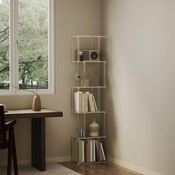 Acrylic Geometric Bookshelf for Small Spaces, 6-Tier Tall Clear S Shaped - Image 5