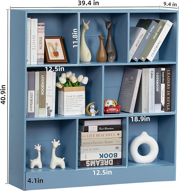 YAHARBO 3 Tier Bookshelf, Wide Kids Horizontal Bookcase, 8 Cube Blue Book Shelf - Image 2