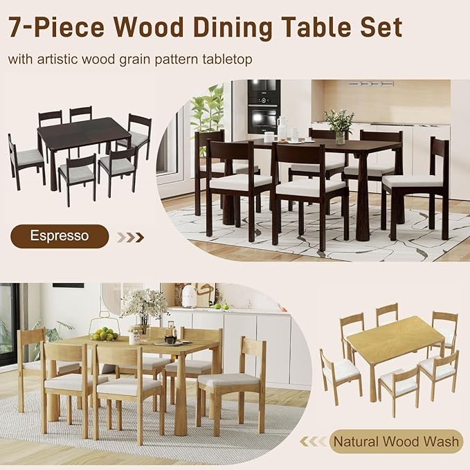Dining Table with Chairs Set of 6, 7-Piece 60" Farmhouse Rectangular Dining - Image 3