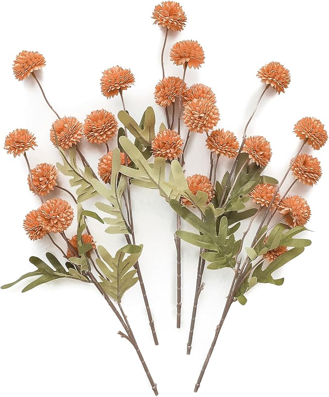 Floroom 5pcs Burnt Orange Faux Silk Mums Artificial Flowers, Bulk Fake Small by Floroom
