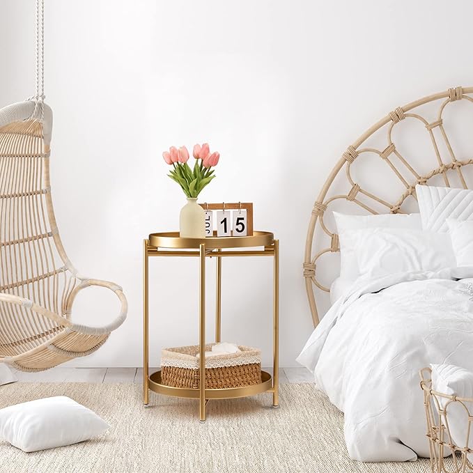 TeoKJ 2 Tier Gold Side Table, Folding Round Metal End Table Small Nightstand - Image 4