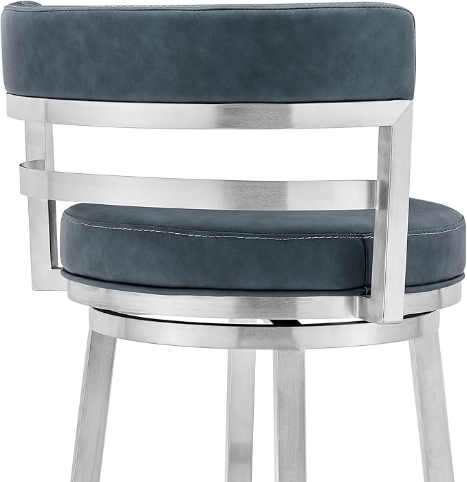 Armen Living Madrid 26" Seat Height Swivel Modern Blue Faux Leather and Brushed - Image 6