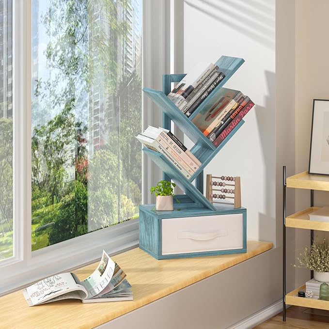 Small Book Shelf with Drawer, 4 Tier Black Tree Bookshelf, Modern Desk Display - Image 5