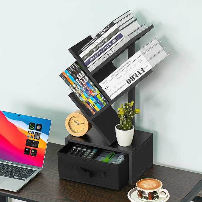 Small Book Shelf with Drawer, 4 Tier Black Tree Bookshelf, Wooden Desktop - Image 4