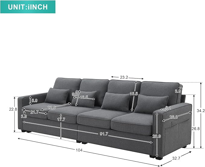 104" 4-Seater Modern Linen Fabric Sofa - Image 2