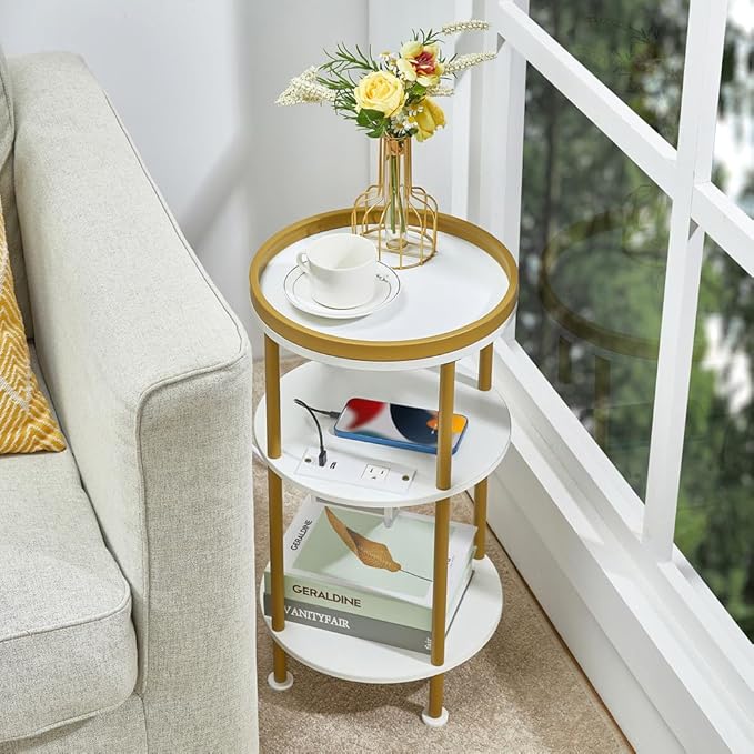 Small Round End Table with Charging Station, 3-Tier Accent Couch Beside Table - Image 6