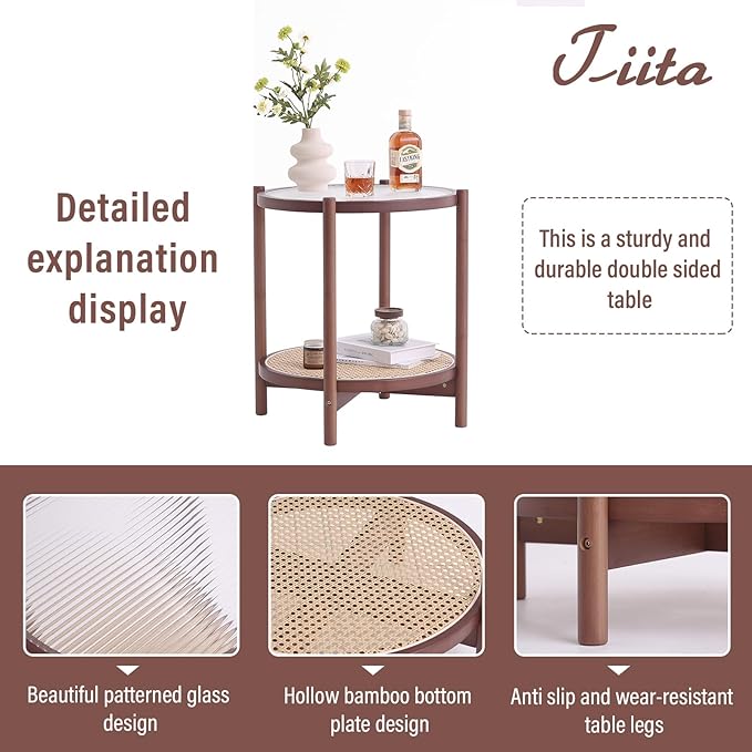 Tiita Rattan Coffee Table, Round End Table, 2-Tier Modern Side Table, Small - Image 4