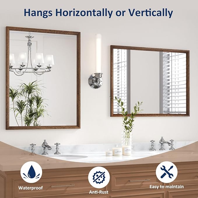 WEER Walnut Bathroom Mirror, Walnut Framed Mirror 28X36 Inch, Rectangle Wall - Image 4