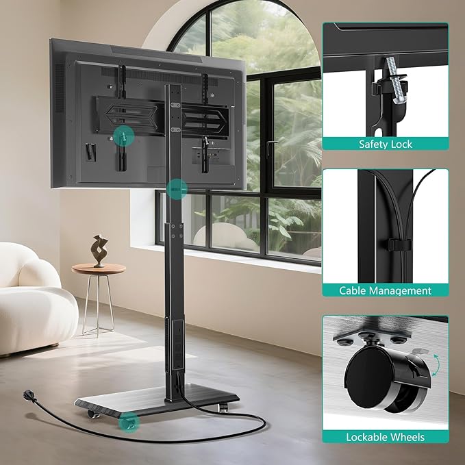 WALI Floor TV Stand with Power Outlet, Rolling Tall TV Stand Mount with Wheels - Image 6