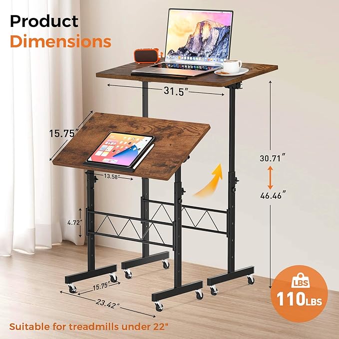 COMHOMA Small Standing Desk Adjustable Height & Tiltable Tabletop, Mobile Stand - Image 2