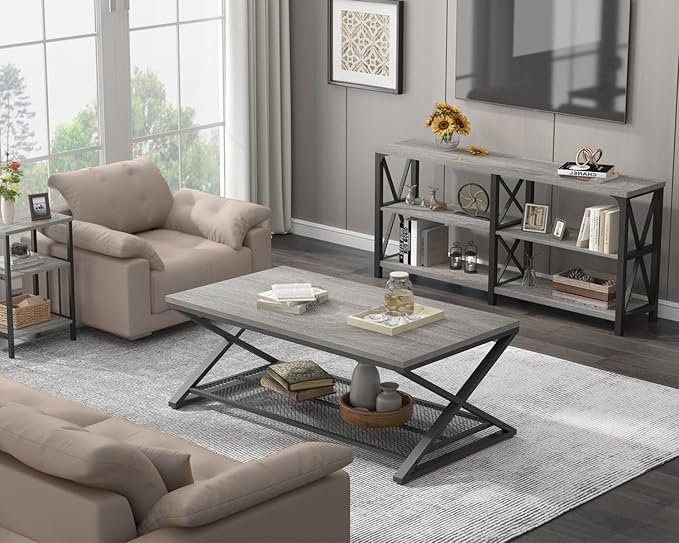 LVB Gray Coffee Table, Farmhouse Wood Metal Center Table - Image 7
