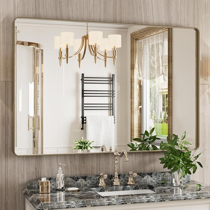 Bronze Bathroom Mirror 48x32 Inch, Brushed Bronze Metal Frame Mirror by JISOSO