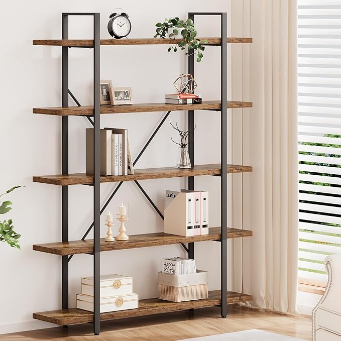 HSH Rustic Bookcases and Book Shelves 5 Shelf, Metal Wood 5 Tier Bookshelf and - Image 3
