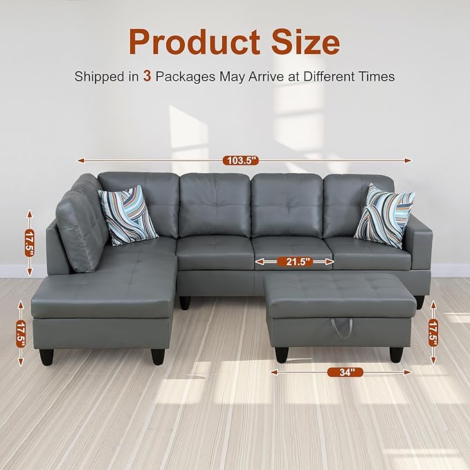 Osparple L Shaped Couch PU Leather Sectional Couches - Image 2
