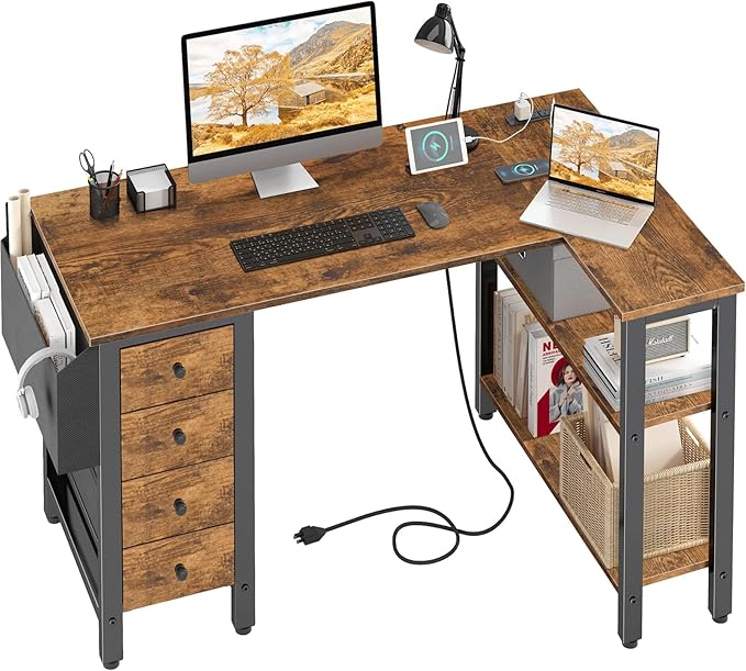 Lufeiya L Shaped Desk with Drawers & Storage Shelves, 47 Inch Small Reversible by LUFEIYA