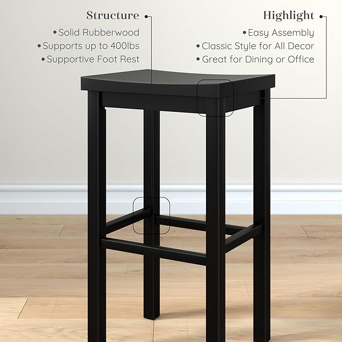 Grain & Grove Smith Collection Solid Wood Bar Stool, 30 inch Saddle-Seat Bar - Image 4