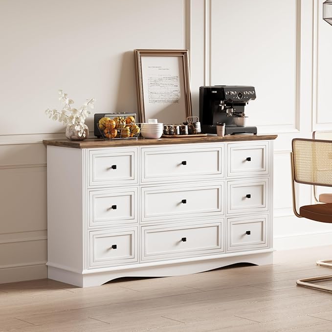 57" Wooden Dresser with 9 Drawers, Modern Farmhouse Furniture Organizer - Image 9