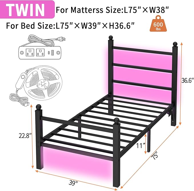 Twin Bed Frame with Headboard and Footboard, Steel Slats Support-LED Bed Frame - Image 2