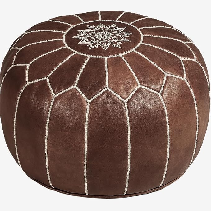 Stuffed Round Design Moroccan Leather Pouf Ottoman, Pre-Filled, 100% Genuine by Unknown