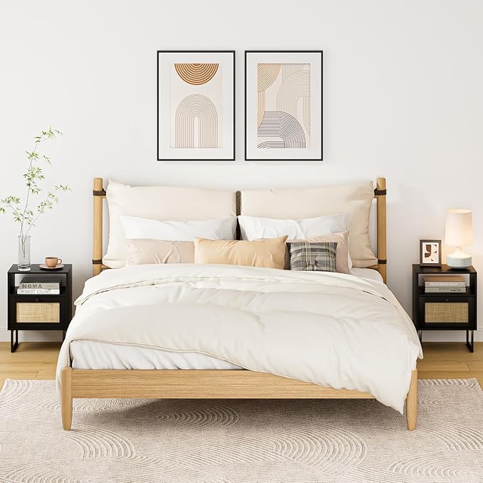 Rattan Nightstand, Boho Night Stand Farmhouse Wood Bedside Table - Image 7