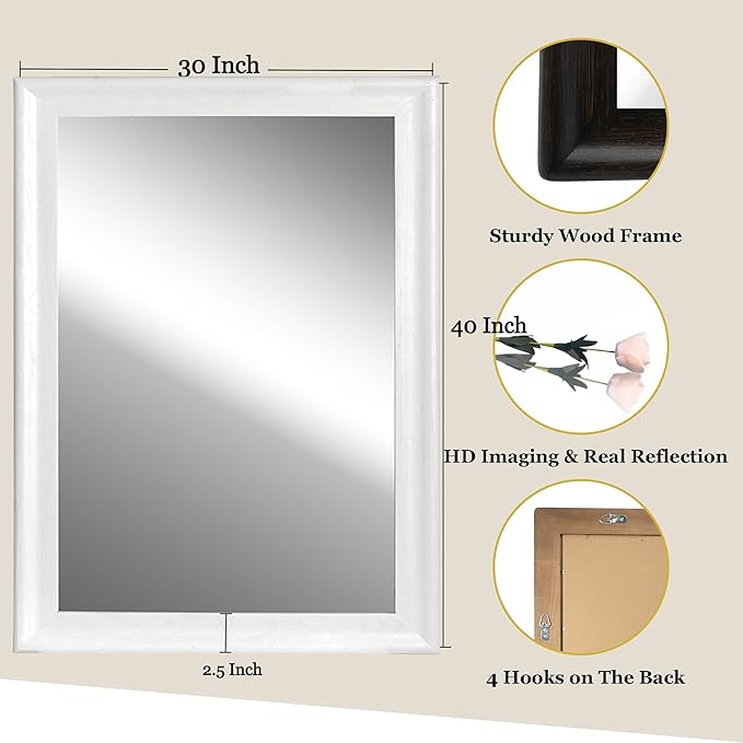 CULER White Wood Wall Mirror for Bathroom, Rectangle Rustic Large 30 x 40 inch - Image 4