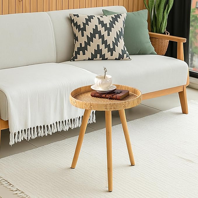 Round Rattan Side Table for Small Spaces, Boho Circle End Table Coffee Table - Image 7