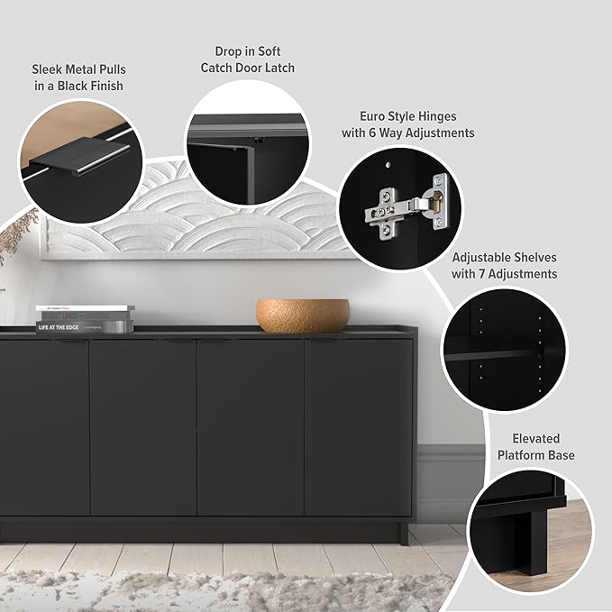 Prepac Simply Modern 4 Door Console Table Storage Cabinet, Buffet Cabinet - Image 5