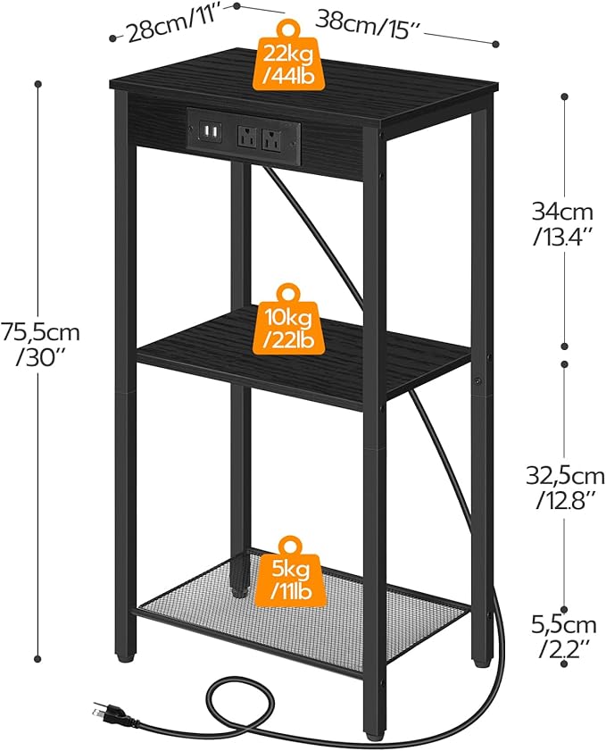 HOOBRO Tall End Table with Charging Station, 30 Inch Tall Nightstand, 3-Tier - Image 3