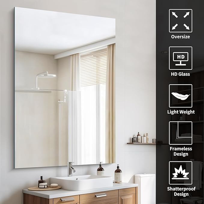 Large Frameless Mirror, 60x40 Bathroom Mirrors - Image 4