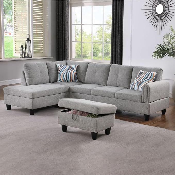 Grey-2 L-Shaped 3-Piece Linen Sofa by Unknown