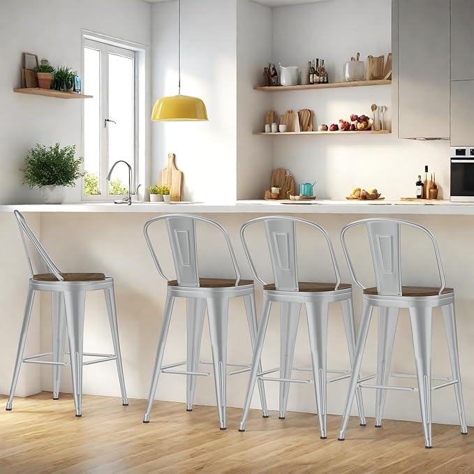 26” Swivel Bar Stools Set of 4, Counter Height Bar Stools Wooden Seat, Metal by Homvinax