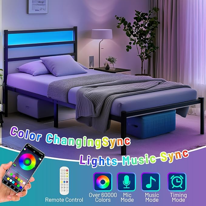 Twin Bed Frame with Headboard, Heavy Duty Steel Slats Support-LED Bed Frame - Image 3